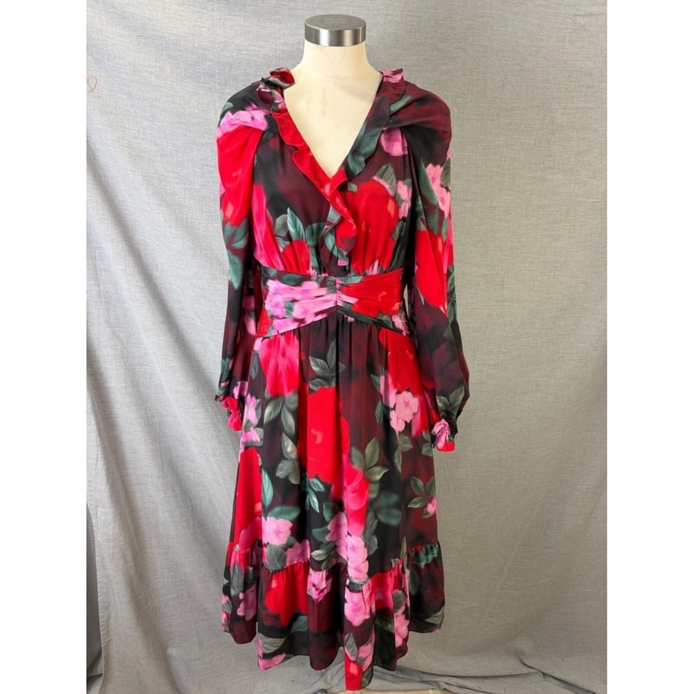 Ungaro 100% Silk Black Red Floral Ruffle V-Neck Midi Dress Bishop Sleeves L